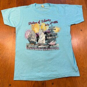 Vintage Celebration 4 July 1986 Statue Of Liberty Men's T Shirt Fishing Blue S